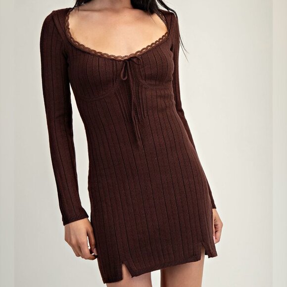 LIKE CHOCOLATE BROWN KNIT MINI DRESS - Picture 1 of 3